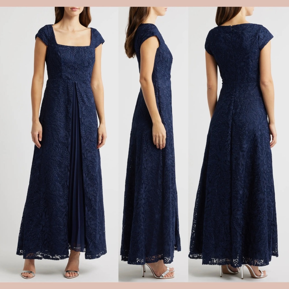 NEW $398‎ Kay Unger [ 16 ] Claudia Pleated Chiffon Lace Gown Midnight Blue J1770